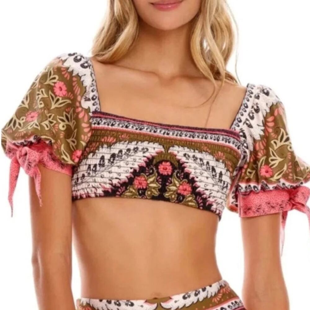 Agua Bendita Eileen Puff Sleeve Bikini Top Smocked Crop Antiq Floral Size Large
